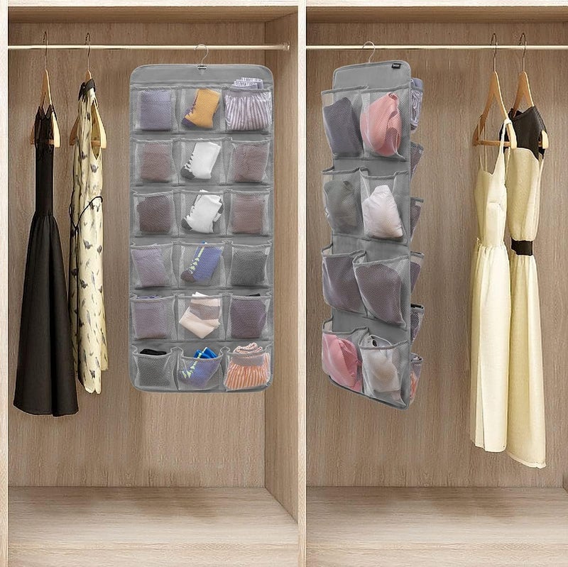 ANZORG Dual-Sided Hanging Closet Organizer for Socks Underwear Bra Kids Storage Organizer for Baby Clothes Toddler Shoes with 26 Pockets (Grey-Mesh Pockets) - Image 2
